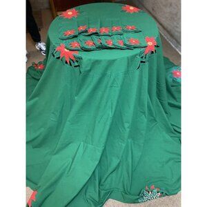 Christmas Banquet Green Appliqué Poinsettia 112” Round Tablecloth 12 Napkins
